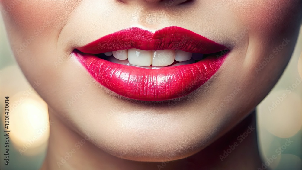 Fototapeta premium Close-up of luscious, plump, and rosy lips slightly parted, revealing a hint of white teeth, against a soft, blurred background with natural lighting.