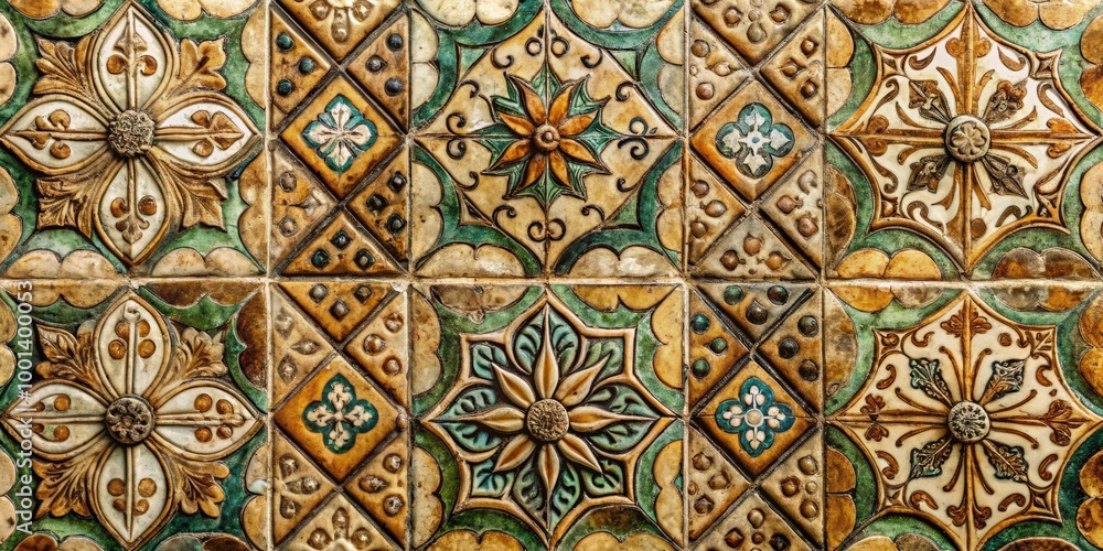 Close-up of intricately patterned, worn, and weathered ceramic tiles featuring a fusion of earthy tones, rustic textures, and subtle cracks, evoking a sense of aged elegance. Close-up of intricately patterned, worn, and weathered ceramic tiles featuring a fusion of earthy tones, rustic textures, and subtle cracks, evoking a sense of aged elegance.