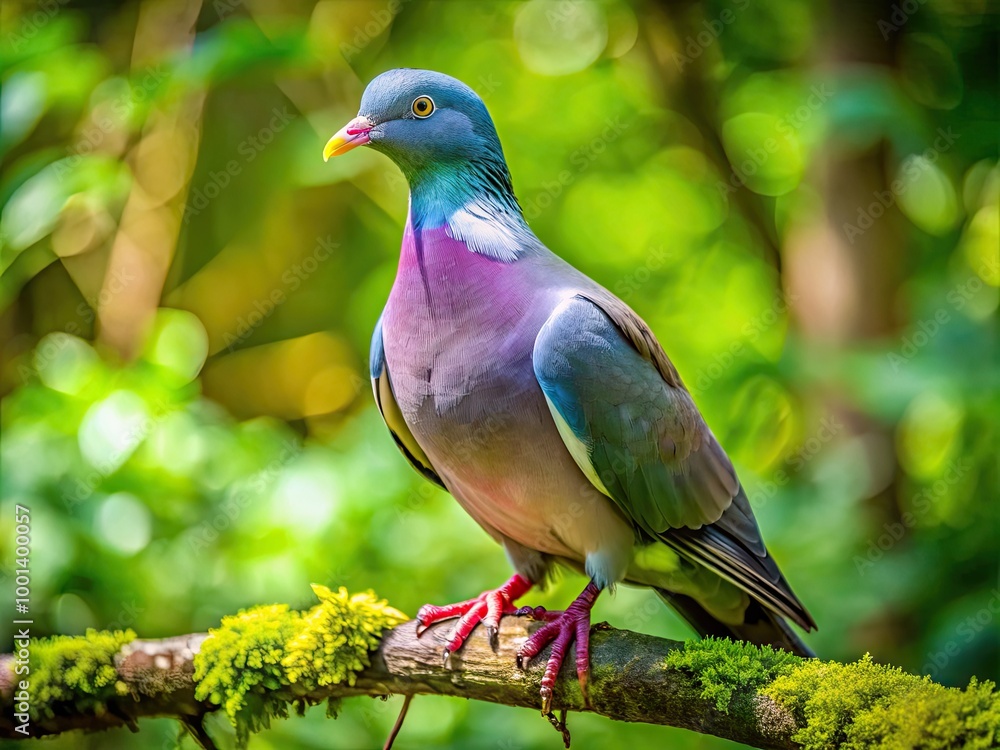Fototapeta premium Adult wood pigeon perched gracefully on a branch in a lush green forest during a sunny day