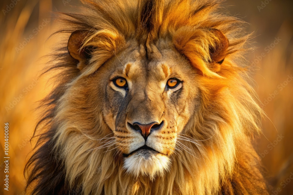 Naklejka premium _Close-up of majestic lion's head with shaggy mane, whiskers, and piercing eyes, set against a warm, golden-brown background, evoking regal power and African savannah essence._