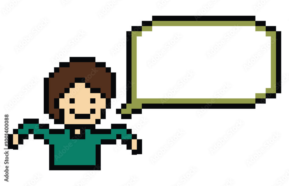 Fototapeta premium Cartoon pixel cute character man face with chat blank decoration 8 bit male boy say speak discuss idea chat box cartoon pixel game png vector.