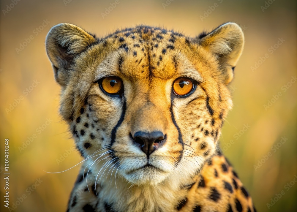 Close-up portrait of a majestic cheetah's face, showcasing its soft golden fur, piercing yellow eyes, and subtle whiskers against a blurred natural background. Close-up portrait of a majestic cheetah's face, showcasing its soft golden fur, piercing yellow eyes, and subtle whiskers against a blurred natural background.