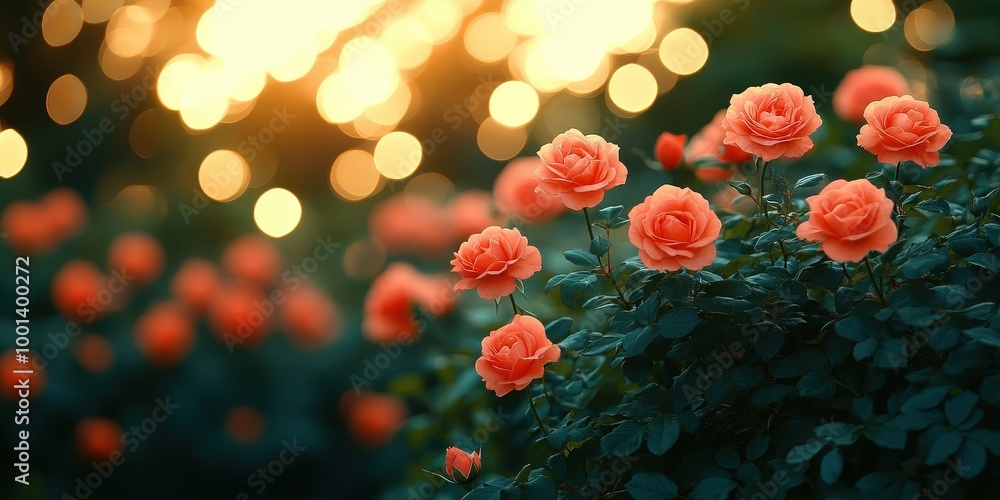 A soft, warm light shines through a vibrant rose garden, highlighting the delicate beauty of the blossoms, each one a unique masterpiece of nature. A soft, warm light shines through a vibrant rose garden, highlighting the delicate beauty of the blossoms, each one a unique masterpiece of nature.