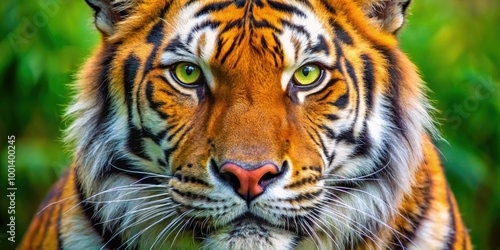 Close-up portrait of a majestic Bengal tiger's face, showcasing its vibrant orange and black stripes, piercing green eyes, and powerful whiskers in sharp focus. photo