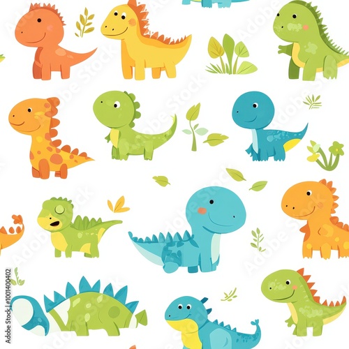 Colorful cartoon dinosaurs on a white background, perfect for children's designs and educational materials. Seamless Texture Tile