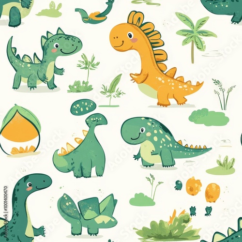 Colorful cartoon dinosaurs surrounded by plants on a light background. Seamless Texture Tile