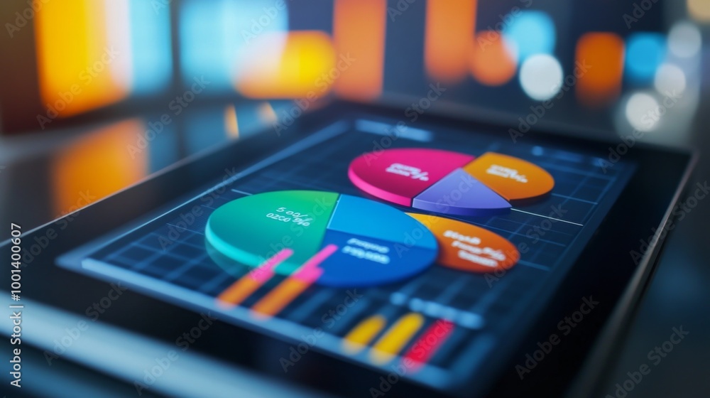 A financial pie chart highlighting different revenue streams for a startup, with vivid colors and icons for each segment, displayed on a sleek digital tablet A financial pie chart highlighting different revenue streams for a startup, with vivid colors and icons for each segment, displayed on a sleek digital tablet