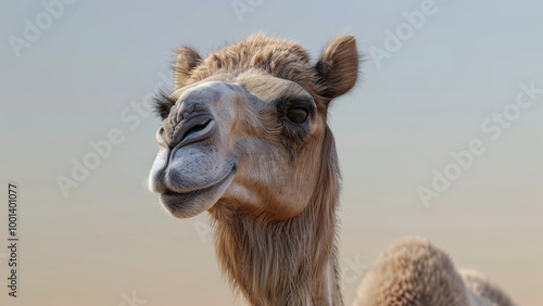 A detailed shot of a camel standing in the desert, looking directly at the camera with dunes in the background, representing the arid landscape and resilience of desert animals.