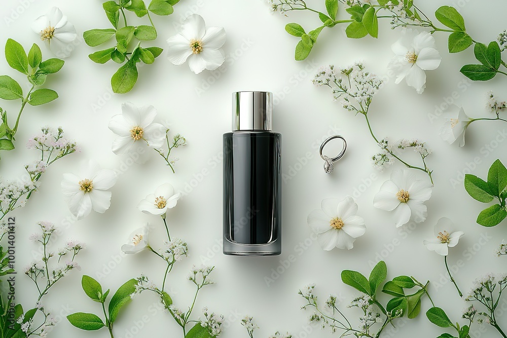 A bottle of perfume is placed on a table next to a bunch of flowers A bottle of perfume is placed on a table next to a bunch of flowers