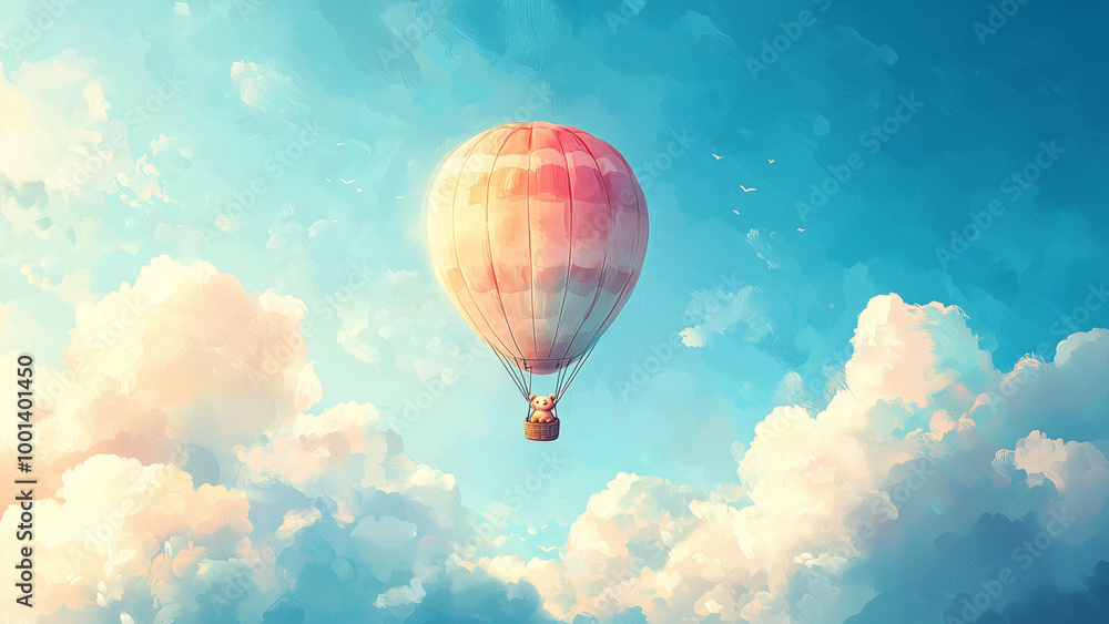 Fototapeta premium Cute teddy bear in air balloon - hot air balloon, balloon, sky, clouds, blue sky, adventure, travel, flight, floating, colorful, serene, peaceful, journey, aerial view, scenic, summer
