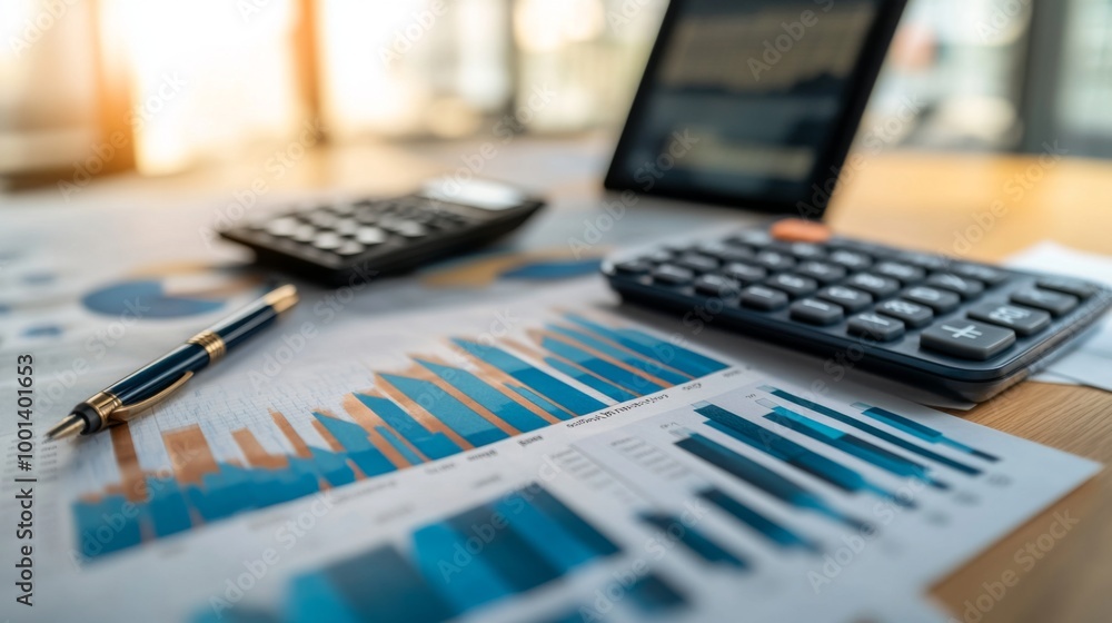 A flat lay of a printed financial report with charts and graphs, a calculator, and a pen A flat lay of a printed financial report with charts and graphs, a calculator, and a pen