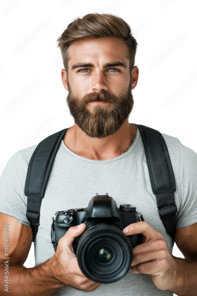 A man with a beard is holding a camera. on transparent background png A man with a beard is holding a camera. on transparent background png