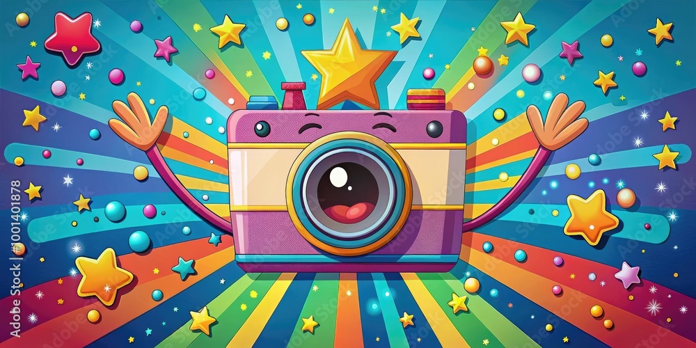 Obraz premium Colorful cartoon camera with a smiling face and outstretched arms, surrounded by vibrant stars, film strips, and confetti, exuding excitement and creativity.