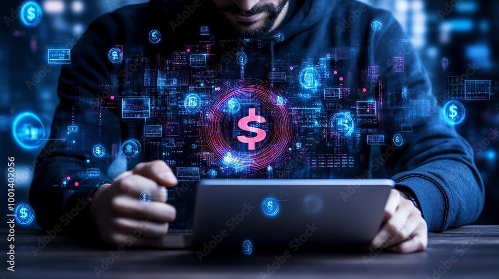 A person using a tablet with digital dollar symbols, representing online banking, cryptocurrency, or digital finance. A person using a tablet with digital dollar symbols, representing online banking, cryptocurrency, or digital finance.