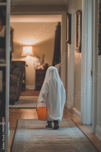  child in ghost costume going for candies