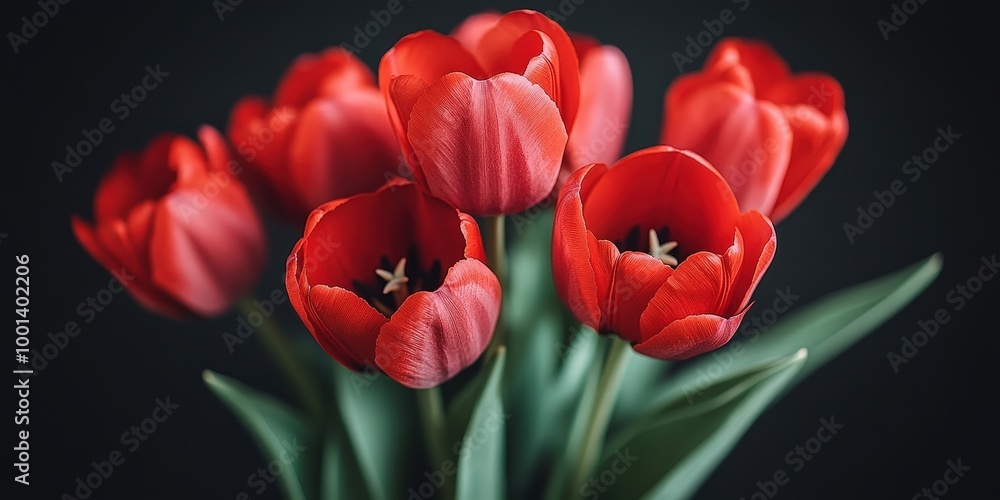 A vibrant bouquet of red tulips with delicate petals and green leaves against a dark background. A vibrant bouquet of red tulips with delicate petals and green leaves against a dark background.