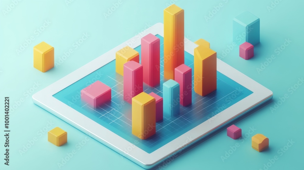 A flat lay of a digital tablet showing a 3D bar graph, with bars popping out of the screen, symbolizing interactive data analysis in a modern business setting A flat lay of a digital tablet showing a 3D bar graph, with bars popping out of the screen, symbolizing interactive data analysis in a modern business setting