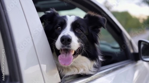 An adorable black and white border collie, his head sticking out of the car window.