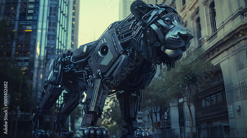 Concept hybrid mechanical lion robot. A robotic hybrid lion roaring. photo