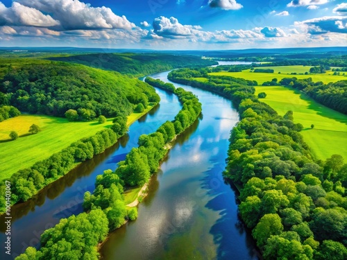 Aerial View of Serene Delaware River with Lush Green Banks and Scenic Landscape in Bright Daylight