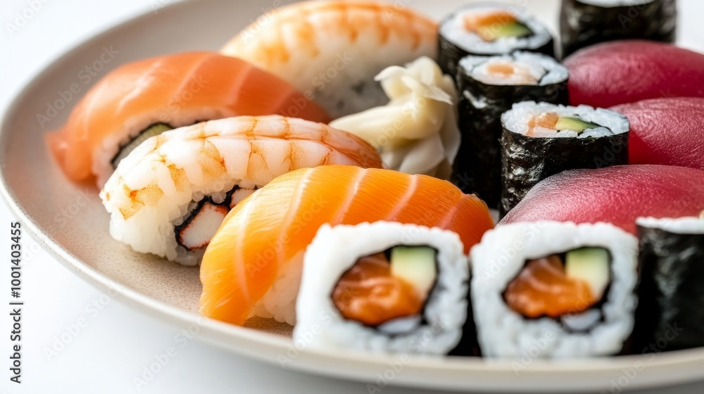 A plate of sushi with a variety of different types of sushi rolls. A plate of sushi with a variety of different types of sushi rolls.