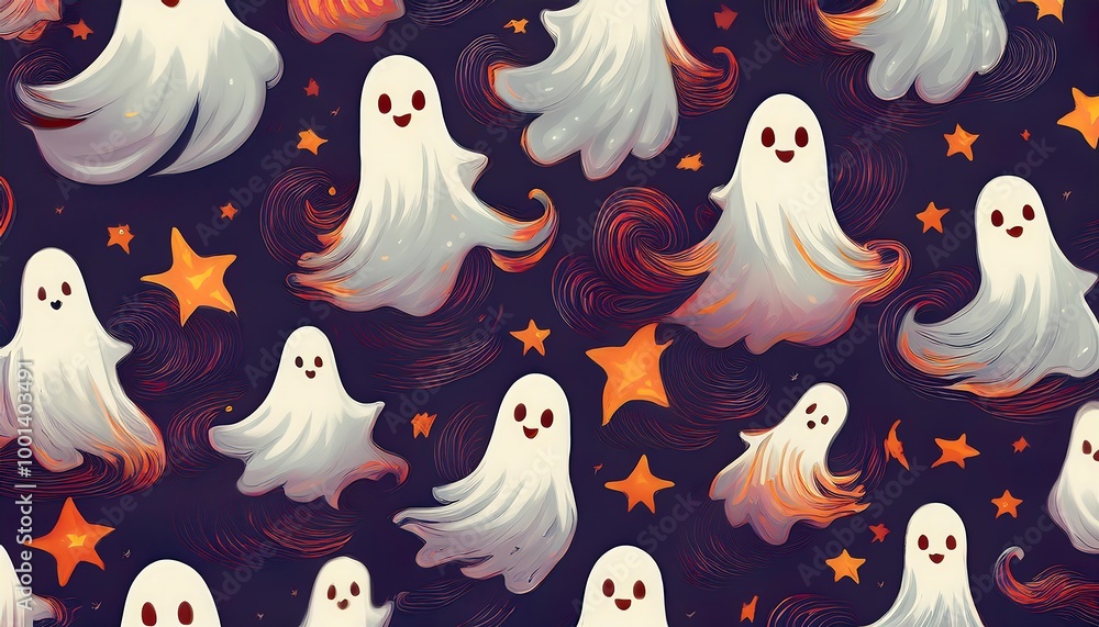 Spooky spirits dance among stars in a whimsical Halloween seamless pattern featuring friendly ghosts on a dark, enchanting backdrop. Generative AI Spooky spirits dance among stars in a whimsical Halloween seamless pattern featuring friendly ghosts on a dark, enchanting backdrop. Generative AI