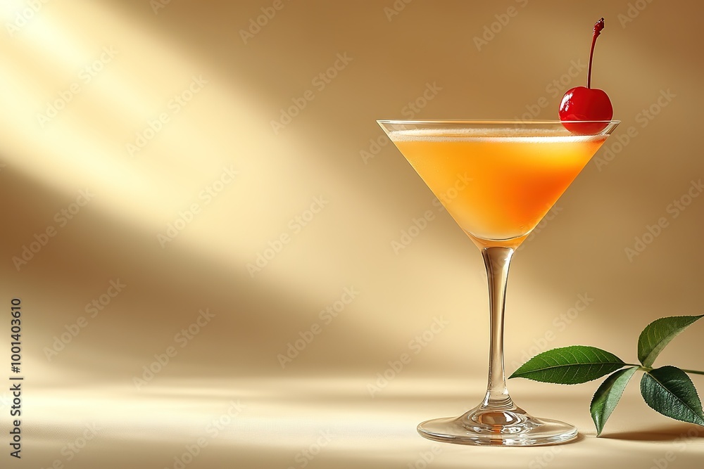 A glass of alcohol with a cherry on top A glass of alcohol with a cherry on top