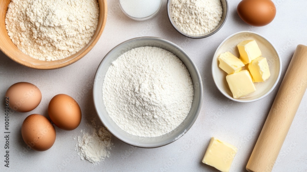 A flat lay of ingredients for baking, including flour, eggs, sugar, and butter, with a mixing bowl and rolling pin, set on a clean kitchen countertop. A flat lay of ingredients for baking, including flour, eggs, sugar, and butter, with a mixing bowl and rolling pin, set on a clean kitchen countertop.