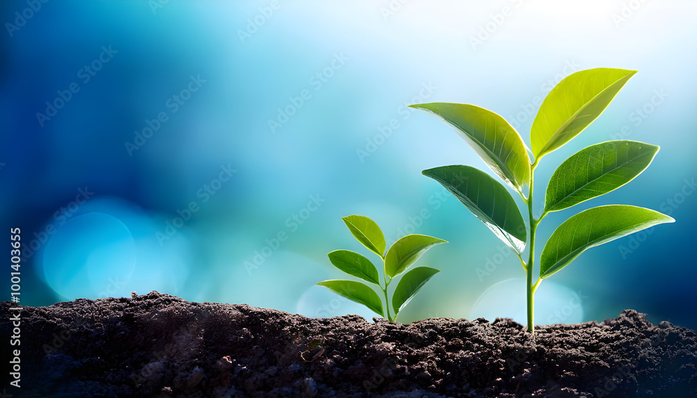 Growing plant on blurry blue nature background. AI generated image Growing plant on blurry blue nature background. AI generated image