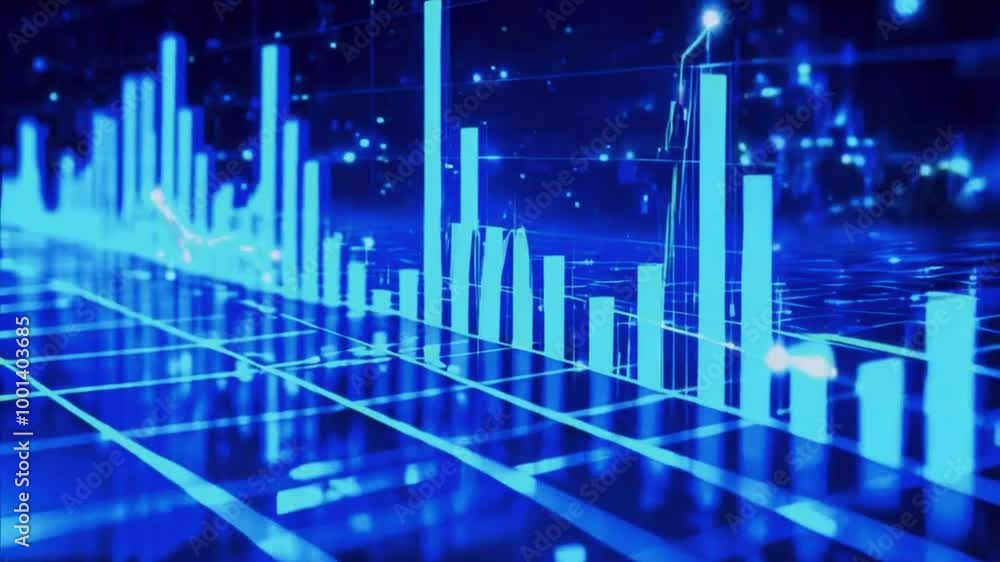 A glowing candlestick chart various financial periods. The chart zooms in and out dynamically, bullish and bearish trends on a blue gradient grid, 4k Stock Market Background Animation Video A glowing candlestick chart various financial periods. The chart zooms in and out dynamically, bullish and bearish trends on a blue gradient grid, 4k Stock Market Background Animation Video