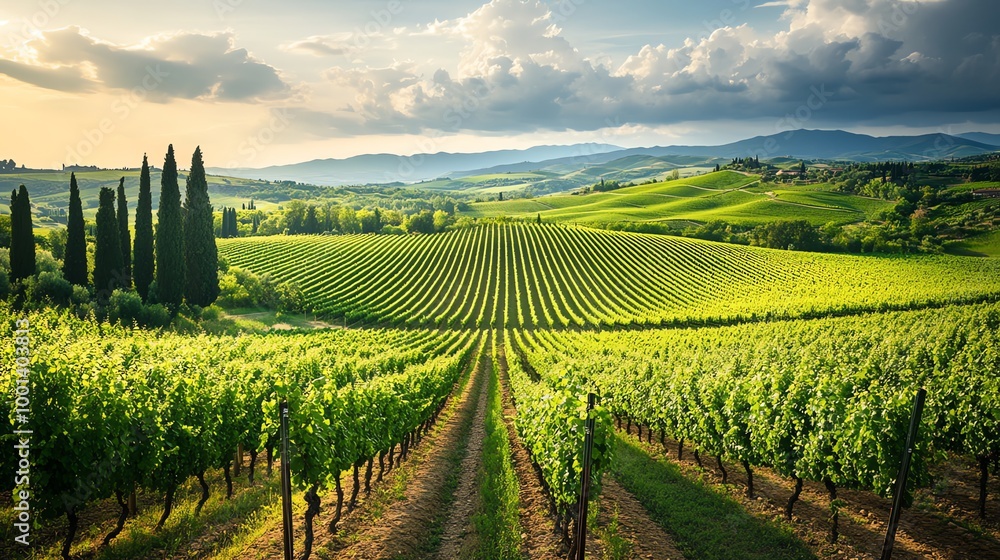 Fototapeta premium Lush green vineyard rows under a blue sky with fluffy white clouds.