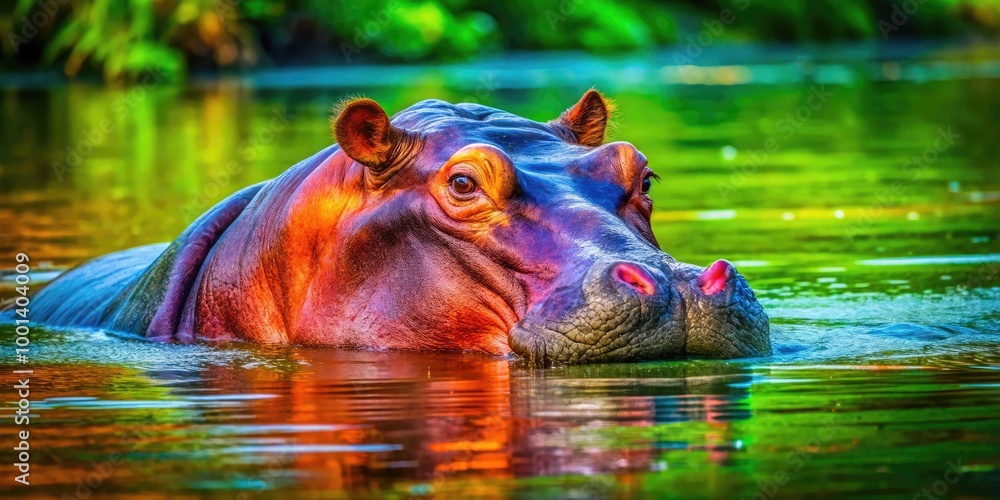 Fototapeta premium Ample Hippopotamus Relaxing in Water with Exposed Fat and Skin, Showcasing Unique Wildlife Features