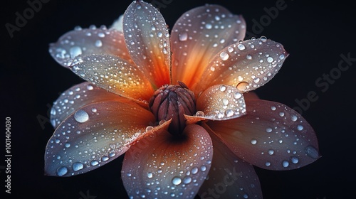 A flower with dew drops on its petals against a dark background, with the droplets reflecting light and adding a sense of depth and richness to the image