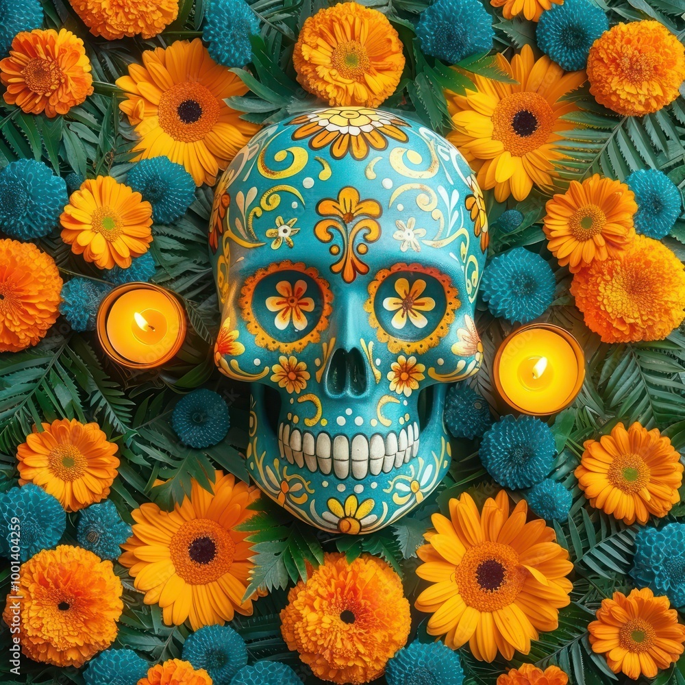 Day of the Dead Altar Decorations: Sugar Skulls, Cempasuchil Flowers, and Papel Picado with Candlelight Day of the Dead Altar Decorations: Sugar Skulls, Cempasuchil Flowers, and Papel Picado with Candlelight