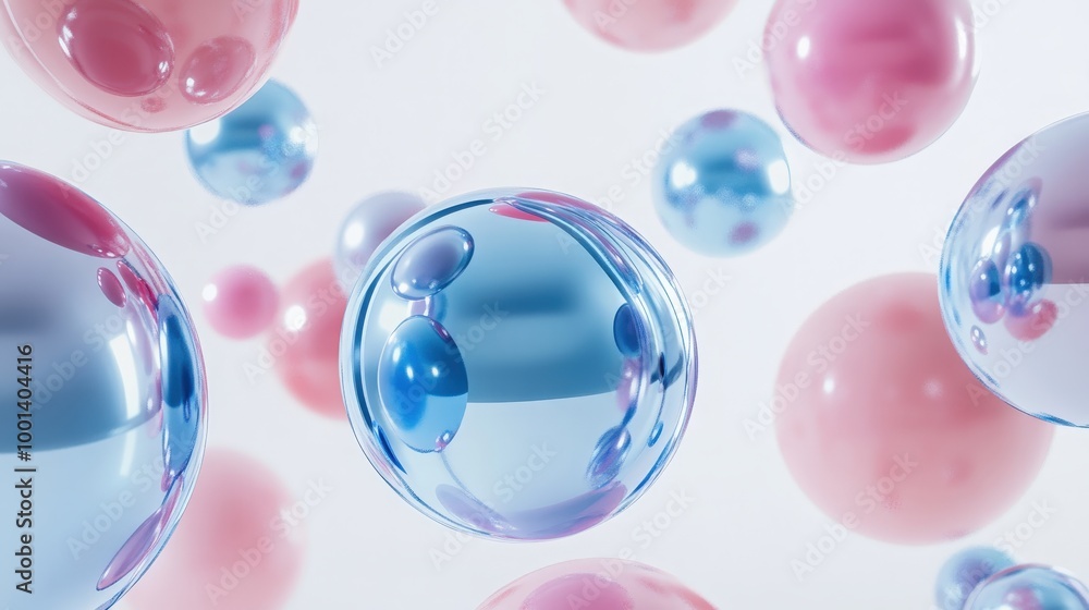 Dynamic 3D render of realistic primitives, featuring spheres, torus, tubes, and cones in metallic blue and pink, floating on a white background Dynamic 3D render of realistic primitives, featuring spheres, torus, tubes, and cones in metallic blue and pink, floating on a white background