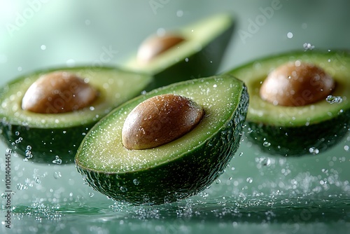 Three avocados are shown in the air, with one of them being cut open photo