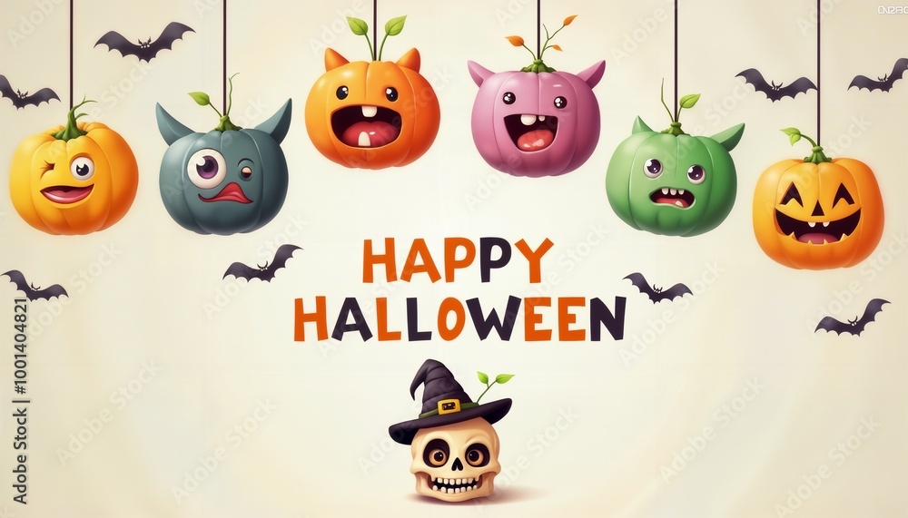 Obraz premium illustration of Halloween decorations with pumpkins and monster faces on a light yellow color background