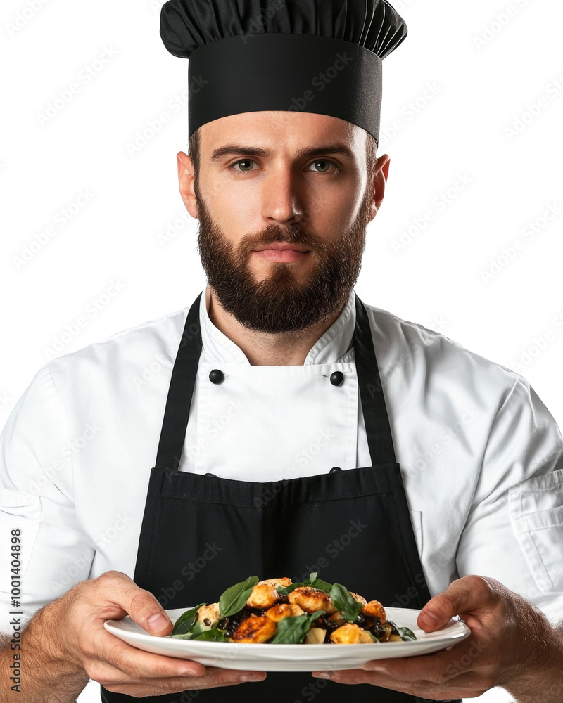 A chef is holding a plate of food and wearing a black apron. on transparent background png A chef is holding a plate of food and wearing a black apron. on transparent background png