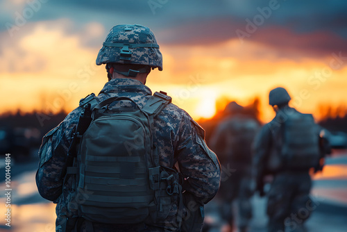 Soldiers walking towards sunset, showcasing camaraderie and determination. scene captures essence of military life and beauty of nature