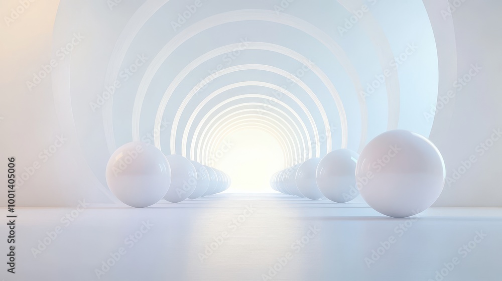 A white room with a long hallway and a bunch of white spheres A white room with a long hallway and a bunch of white spheres