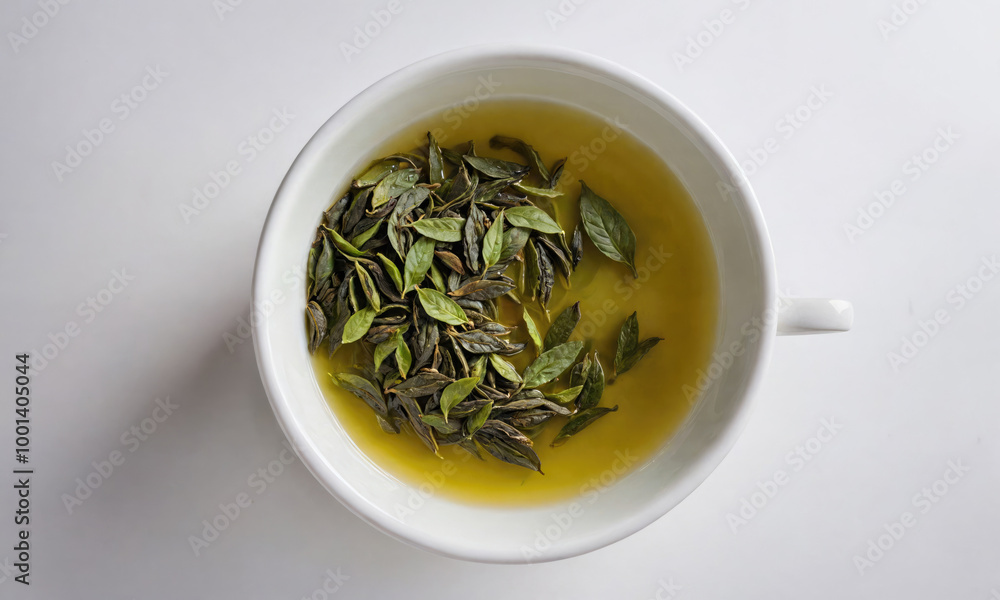 A cup of green tea steeping on a white surface A cup of green tea steeping on a white surface