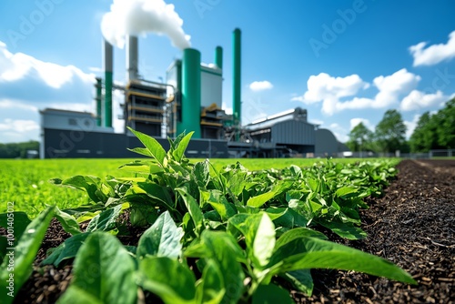 Biomass energy plant, where organic waste is processed into clean energy, providing power to nearby homes and businesses