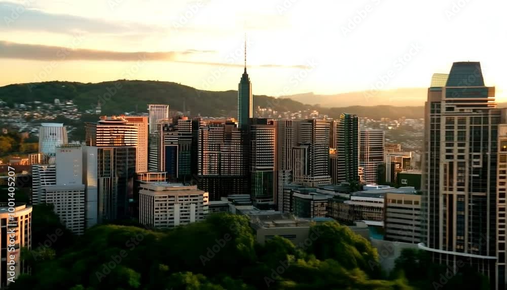 Aerial View of a Modern City Skyline at Sunset
