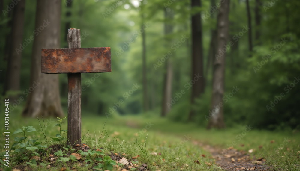 an empty sign board on the background of a forest, made of wood, old and weathered plaque an empty sign board on the background of a forest, made of wood, old and weathered plaque