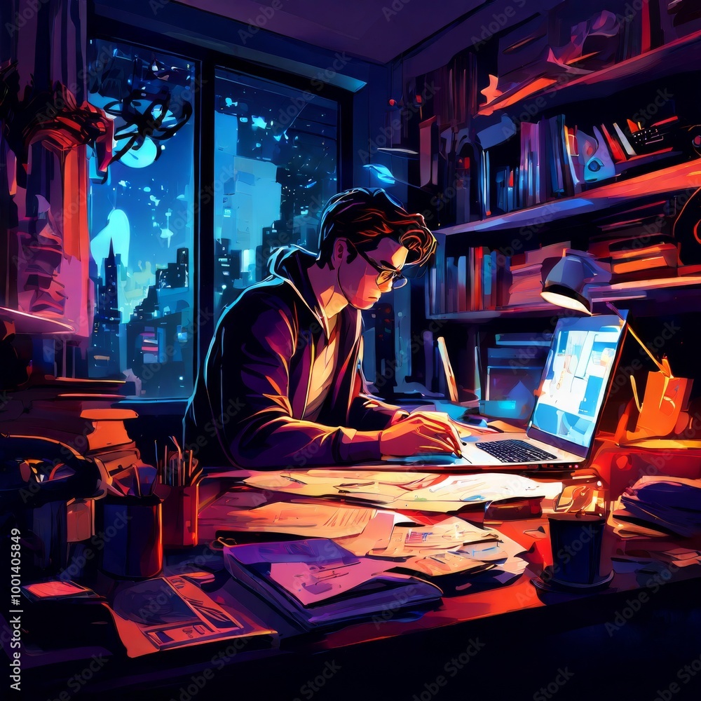 A focused man works on his laptop at night, surrounded by a cluttered desk and bookshelves. The cityscape outside the window adds a sense of isolation and dedication to the workspace.. AI Generation A focused man works on his laptop at night, surrounded by a cluttered desk and bookshelves. The cityscape outside the window adds a sense of isolation and dedication to the workspace.. AI Generation