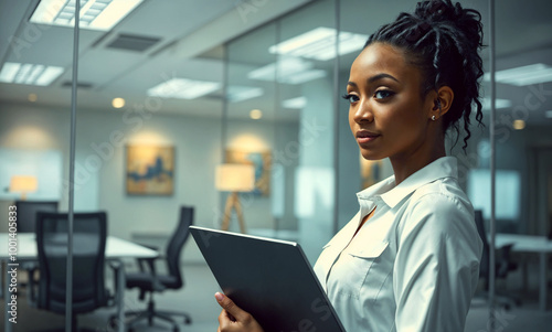 Confident Black Businesswoman in a Cold-Toned Modern Office with Blurred Background