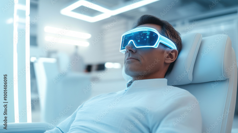 Man relaxing in high-tech salon wearing futuristic led eye mask for skincare procedure, embracing technology-driven beauty innovation cosmetic Man relaxing in high-tech salon wearing futuristic led eye mask for skincare procedure, embracing technology-driven beauty innovation cosmetic
