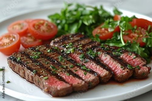 A plate of meat and vegetables, including tomatoes and spinach