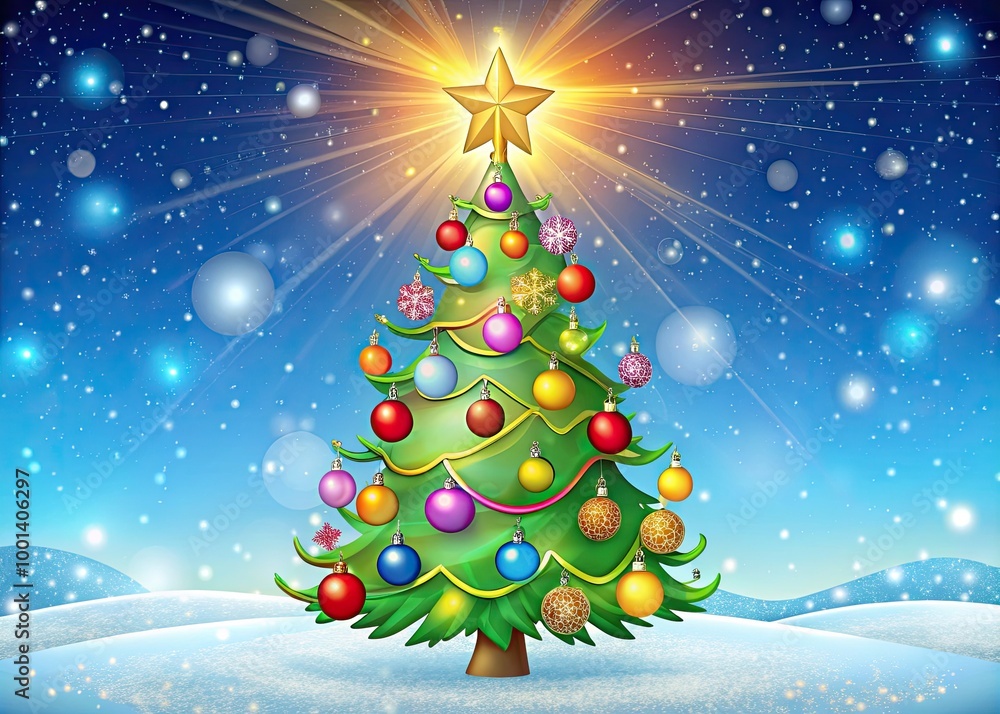 Obraz premium Colorful, whimsical cartoon Christmas tree with bright stars, swirling lights, and vibrant ornaments stands tall against a soft, snowy winter background.