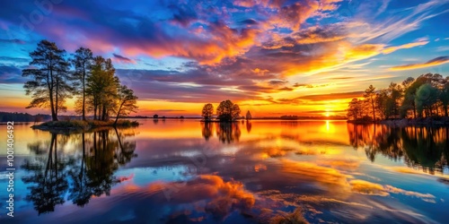 A Serene Sunset Over a Calm Lake with Reflective Water and Silhouetted Trees at Dusk